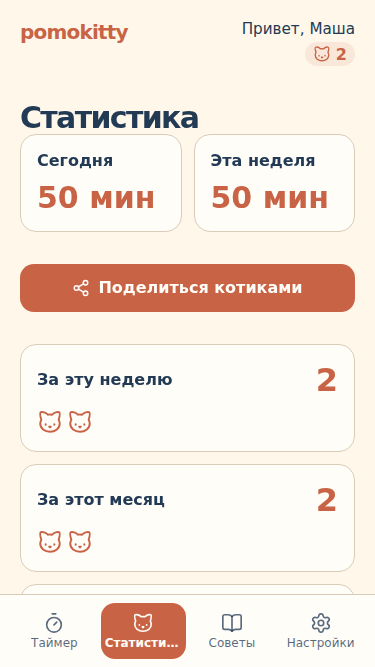 Экран статистики pomokitty